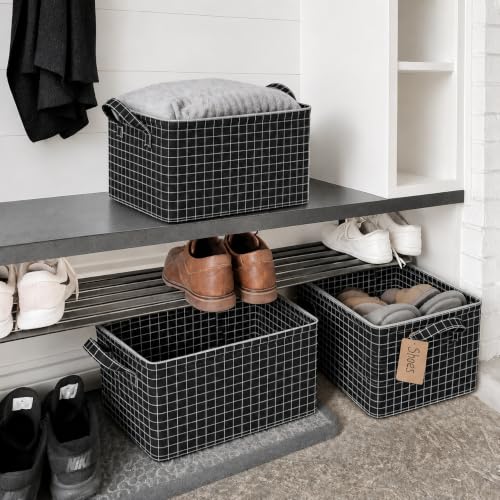 Image of HomeCloud Foldable Cloth Basket for Storage with Metal Frame and Handles, Clothes Organizer for Wardrobe, Clothing Storage Solutions (Black, Set of 6)