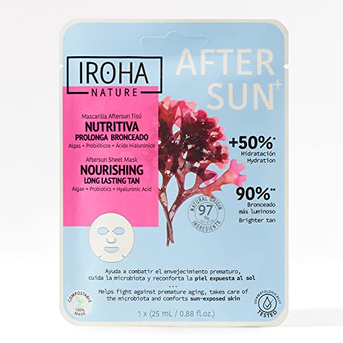 Iroha Nature Mascarilla Facial AFTERSUN que NUTRE y PROLONGA EL BRONCEADO. Con Algas, Probióticos y Ácido Hialurónico. Piel más hidratada, fortalecida y con un bronceado más luminoso. Acción anti-edad