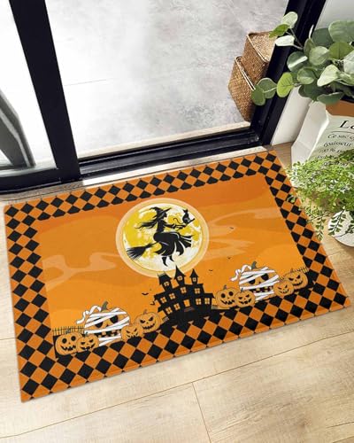 Indoor Doormat Orange Halloween Witch Pumpkin,Shaggy Floor Mat with Non-Skid Backing Castle Full Moon Cat,Machine Washable Plush Area Rug Carpets for Kitchen Nursery Bedroom