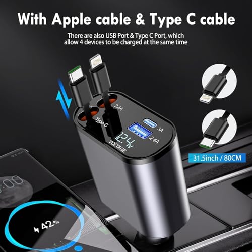 Image of 120W 4in1 Retractable Car Charger,Fast Car Phone Charger,Retractable Cables & 2 USB Ports Car Adapter for Android Phones & iPhone 17 /16 /15 /14 /13 /12 /11 Pro Max,Xr,Ipad,Dash Cam &Other Devices