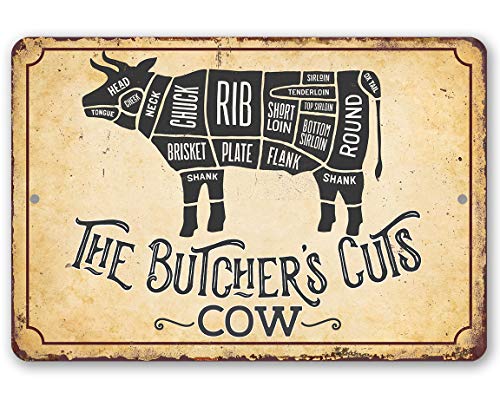 The Butcher's Cut Cow - Classic Kitchen Display, Cow Beef Cuts of Meat Chart Decor, Vintage Farmhouse and Meat Shop Decoration, 12x18 Use Indoors or Outdoors Durable Metal Sign