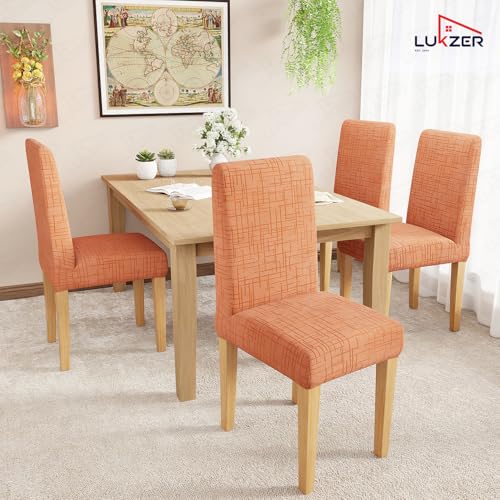 Image of Lukzer Elastic Dining Chair Cover - 2PC Pastel Orange Tangled Lines | Textured High Stretch Jacquard Seat Cover | Removable Washable Short Dining Chair Cover Protector Seat Slipcover | (CC-120-02)