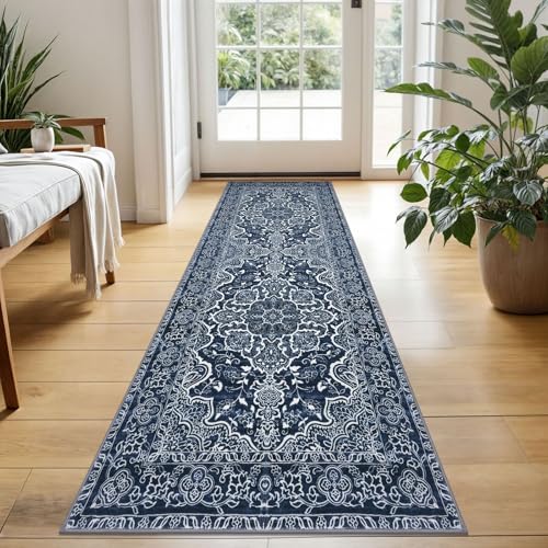 KUTA Vintage Washable Runner Rug, 2x5 Runners Non-Slip Navy Blue 5ft Hallway Kitchen Rugs Ultra Soft Printed Distressed Tribal Farmhouse Carpet for Bedroom Entryway Decor
