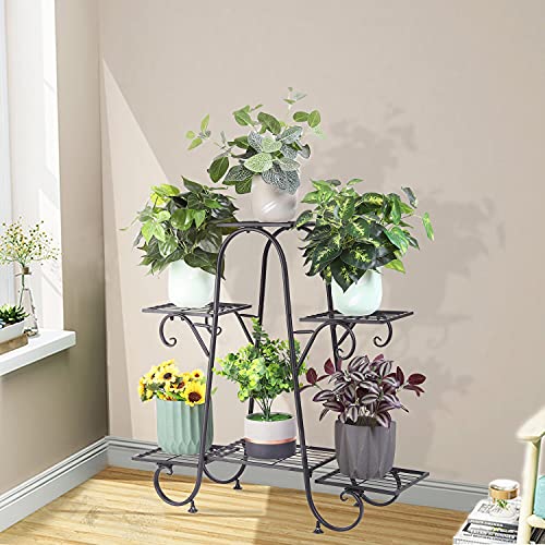 Zwarte 6-laags plantenpot houder binnen en buiten metalen plant display rack meerlaags terras tuin decoratie rek - Afbeelding 6