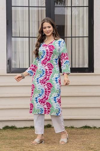 Image of Women's Tie-Dye Printed Kurti, V-Neck, 3 /4 Sleeves, Multicolour, Casual Wear