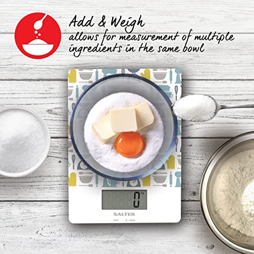 Salter 1102 GNBLDR Electronic Kitchen Scale, Digital Weighing Scales, Multifunctional For Liquids/Fluids, Baking Gadget Print, 5kg Capacity, 15 Year Guarantee, Battery Included, Green, 23x17x1.5cm - Image 4