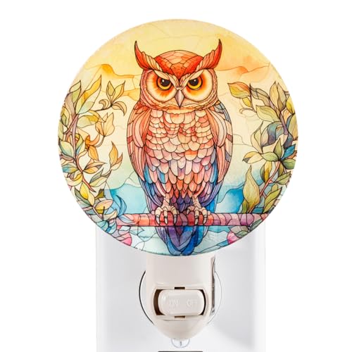 Image of Owl Night Light Vintage Retro Cottage Core Bird Figurine Plug in Wall On /Off Switch Tiffany Stained Glass Style