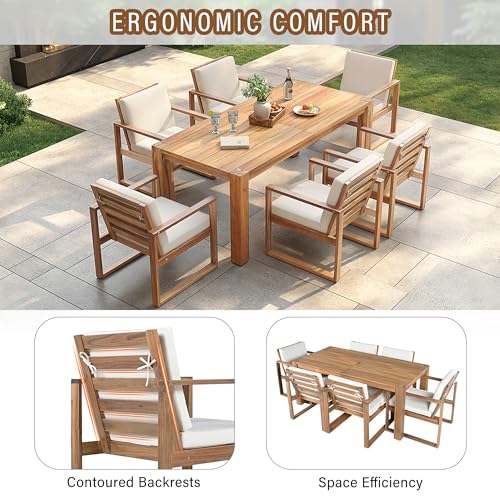 Image of Outdoor Patio Dining Table and Chairs Set for 6, 7 PCS Patio Furniture Set | Outdoor Dining Set for 6 with Umbrella Hole, Wood Frame with Removable Cushion for Garden, Backyard, Lawn and Poolside