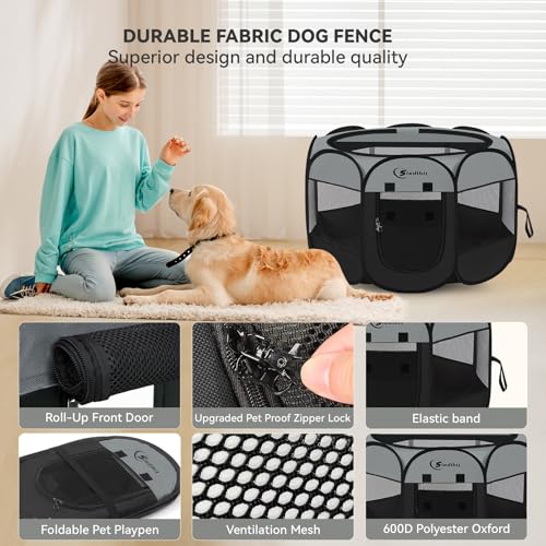 Image of Siedihit Dark Grey Puppy Playpen for Large Dog Cat, Dogs Tent Crates Cage Indoor /Outdoor, Portable Pop Up Dog Kennel with Carrying Bag for Rabbits, (Dark Grey, Large)