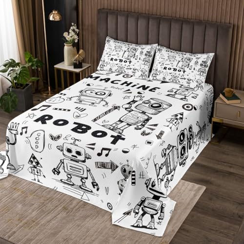 Cartoon Robot Kids Bedspread Twin Size,Hand Drawn Sketch Coverlet Set,Boys Girls Room Decor,Intelligent Equipment Mechanical Tools Quilted Coverlet,Black White Bedding Quilt,1 Pillowcase
