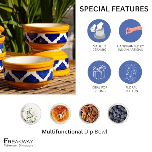 Image of Freakway Hand Painted White Ceramic Dip Bowls | Bowls Set of 2, 40Ml | Bowl for Serving Chutney Bowl /Pickle Bowl /Small (Moroccan)