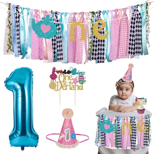 Image of Welcome to Onederland Highchair Banner for First Birthday Party Decorations | Teapot Onederland High Chair Banner for Girls Alice in Wonderland 1st Birthday Backdrop Decors Baby Shower Party Supplies