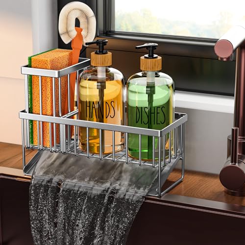 Image of Cisily Kitchen Dish Soap Dispenser Set Stainless Steel Sponge Holder and 2 Pack 16.9oz Clear Glass, Dish Soap Dispensers, Vintage Hand and Dish Soap Dispensers Set, Dispensador De Jabon De Cocina