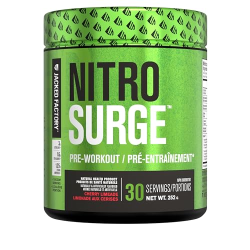 NITROSURGE Pre Workout Supplement – Endless Energy, Instant Strength Gains, Clear Focus, Intense Pumps – Nitric Oxide Booster & Preworkout Powder with Beta Alanine – 30 Servings, Cherry Limeade