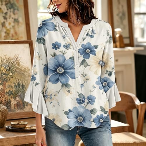 Women's Ruffle Sleeve Boho Flowy Blouse Henley Button Neck Tops - image 2