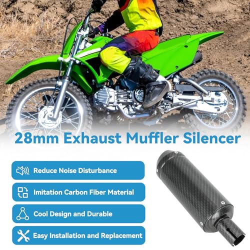 Image of EOPOAYI Imitation Carbon Fiber 1.1 Inch Motorcycle Muffler Compatible with 125cc 110cc Pit Dirt Bike SSR Taotao Coolster, Universal 28mm Exhaust Silencer for ATV 4 Wheeler Mini Bike Go Kart Parts