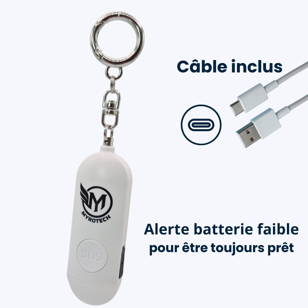 Myrotech Personal Security Alarm with LED Strobe Double Speaker SOS Button Key Ring 4 Colors (White) - Image 2