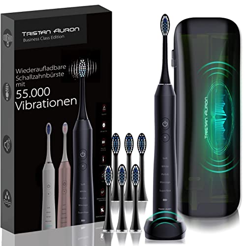 Tristan Auron Elektrische Zahnbürste mit 55.000 Schwingungen (Schwarz) + Reiseetui mit UV Reinigung + 6 Aufsätze I Schallzahnbürste mit 5 Putzmodi 60 Tage Akku Cover