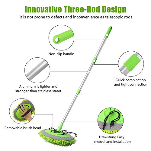 2 in 1 Chenille Microfiber Car Wash Brush Kits Mop Mitt with 45\" Long Handle (Aluminum Alloy)，Car Cleaning Kit Supplies Brush Duster，Scratch Free Cleaning Tool for Washing Truck，Car，RV (Green) - Thumbnail 3