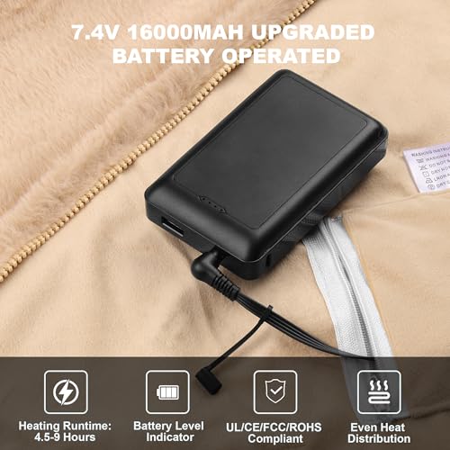 Moteoza 160x90cm Heizdecke Kabellose mit 16000 mAh Akku, Flanell Elektrische Wärmedecke mit 6-Zonen-Heizung, 3 Temperaturstufen, Waschbar Heizdecke zum Anziehen für Sofa, Büro, Auto, Camping(Khaki)