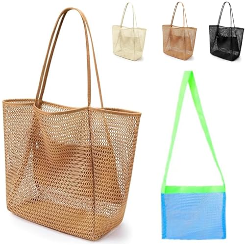 Image of Mesh Beach Tote Bags for Womens, Shoulder Handbag Hobo Pool Bags for Swimming Vacations Summer Essentials