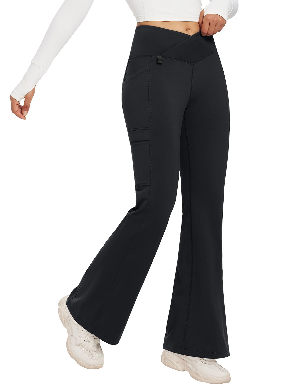 BALEAF Pantalones de invierno con forro polar para mujer, térmicos, cálidos, acampanados, pantalones de yoga cruzados, parte inferior acampanada con bolsillos | Cintura cruzada en V, 2 bolsillos laterales, forro polar suave, no transparente, adecuado para