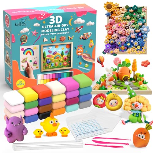 Air Dry Clay with Picture Frame,24 Colors Modeling Clay Painting DIY Kit for Kids and Adults,Soft&Ultra Light,Christmas&Birthday Gifts Education Craft Toy with Sculpting Tools
