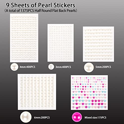 QXUJI 1375PCS Self-Adhesive Pearl Stickers, Half Round Flat Back Pearls, for DIY Jewelry Crafts, Face Beauty Makeup Nail Art Decoration, Cell Phone, Scrapbooking Embellishments, 3mm/4mm/5mm/6mm