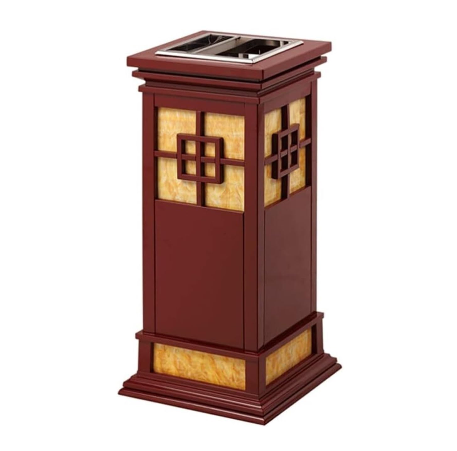 Cubo de basura exterior rojo con cenicero de acero inoxidable y paneles acanalados para jardín