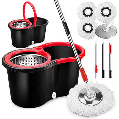 Spin Mop and Bucket, Mop and Bucket with Wringer Set 360° Spinning Mop Bucket with 3 Microfiber Mop Heads 61