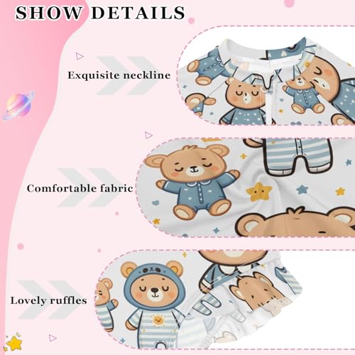 Sleeping Teddy Bear Girls Long Sleeve Swimsuit Rash Guard One Piece Bathing Suits Zipper 3-12T4