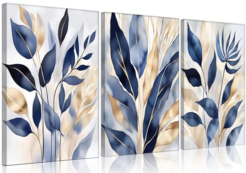 YOXORDQ 3Pcs Blue leaves Canvas Wall Art Abstract Blue Botanical Poster Prints Modern Minimalist Plant Pictures for Living Room Bedroom Wall Decor 12x16in Framed