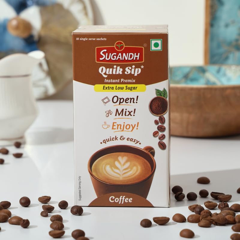 Image of Sugandh Quik Sip Instant Coffee Premix (Pack of 2) Extra Low Sugar- Single Serve Sachets - Unit Count: 2 Boxes of 10 Sachets each, Medium Roast