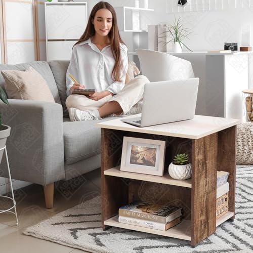 Image of ABOUT SPACE Coffee Table - Wooden Center Table with Storage, Teapoy Table for Living Room, Engineered Wood End Table | Side Table for Hall, Lounge, Office, Home - Oak & Walnut (L 50 x B 50 x H 51 cm)
