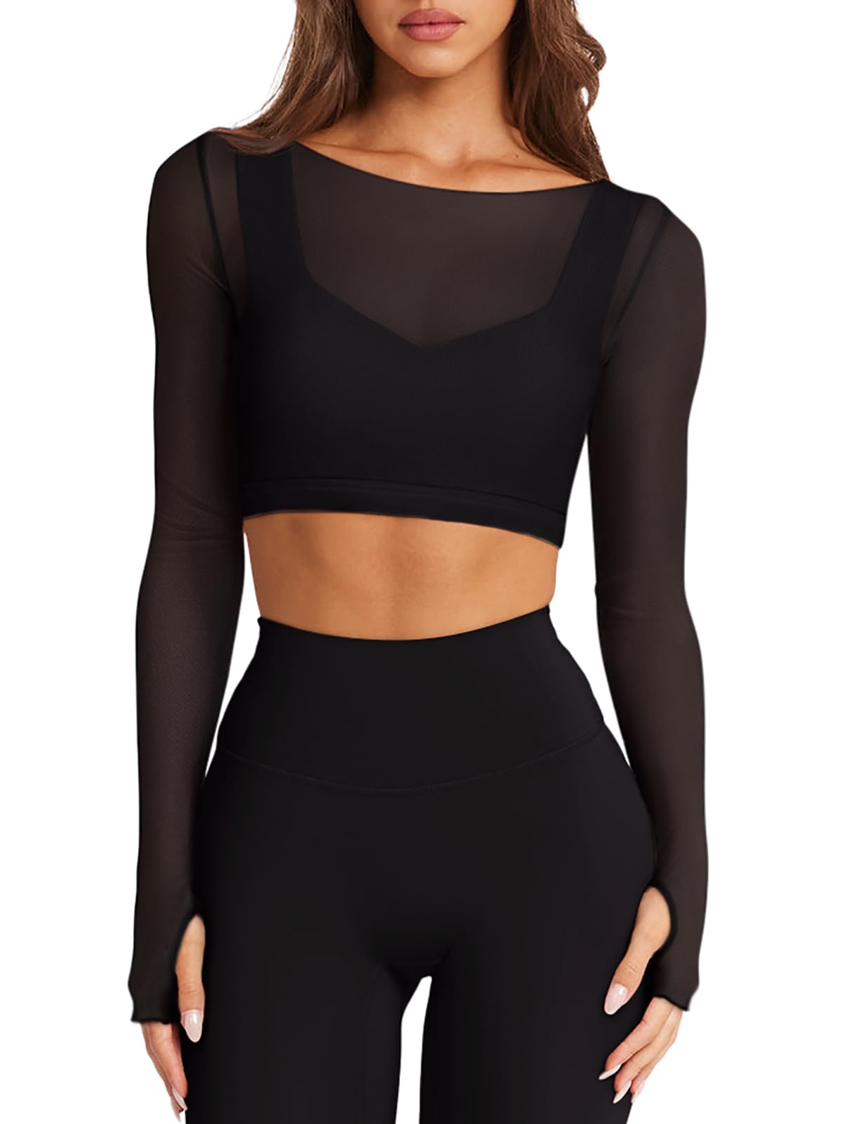 LASLULU Mesh Long Sleeve Crop Tops for Women Double Lined Workout Athletic Gym Shirts Cropped Tops with Built