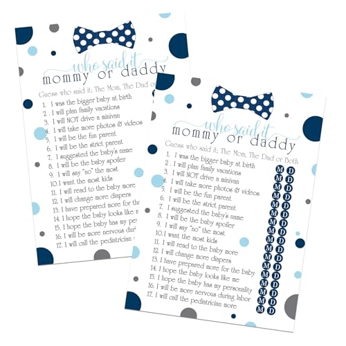 Paper Clever Party Blue Baby Shower Games for Boys - 25 Guess Who Mommy or Daddy Game Cards - Fun Prize Guessing Activities for Guests - Navy and Grey Little Man Bowtie Theme