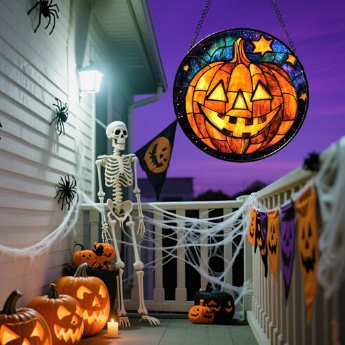 Image of Stained Glass Window Hanging Halloween Horror Golden Pumpkin 6.3 inch - Suncatcher Door Garden Sunroom Gothic Style Sun Catcher Birthday for Friend Mom Men Woman Nana