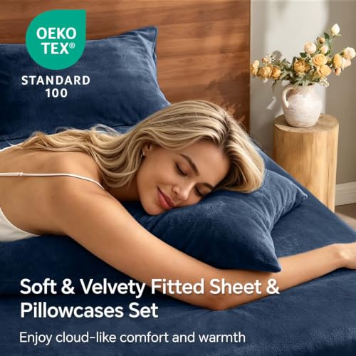 Image of BEDELITE Flannel Full Fitted Sheet & Pillowcases Set, Navy, 3 Pieces | Ultra Soft Plush Fleece Bed Sheet with Elastic Corner Straps, 16 Inch Deep Pocket, Fuzzy All-Season Gift & Room Decor