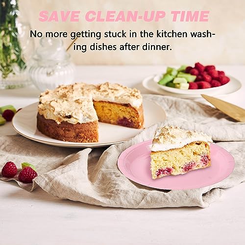 Image of Pink Disposable Paper Plates, 7 Inch Dessert Cake Plates, 50 Count Bulk | Sturdy and Durable Party Plates, for Birthday, Baby & Bridal Showers, Halloween, Christmas,BBQ, Weddings,for Cake & Snacks