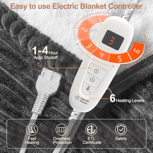 Image of Tefici Heated Blanket Throw Electric Blanket Throw,50 inchx60 inch Heating Blanket, 6 Levels Fast Heating, 1-4 Hours Auto Off, Soft Flannel to Sherpa,Machine Washable, ETL&FCC Certified Grey
