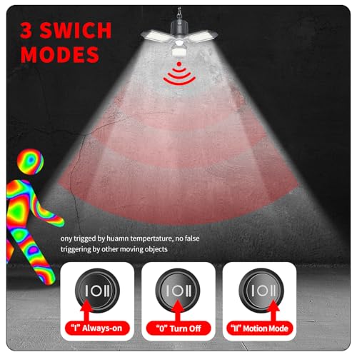 Image of Plug in Led Garage Light Motion Sensor 80W 8000LM 1Pack | Motion Sensor Lights Indoor, Motion Activated, Dusk to Dawn, 3 Deformable Hanging Shop Bulb for Basement, Warehouse, Barn