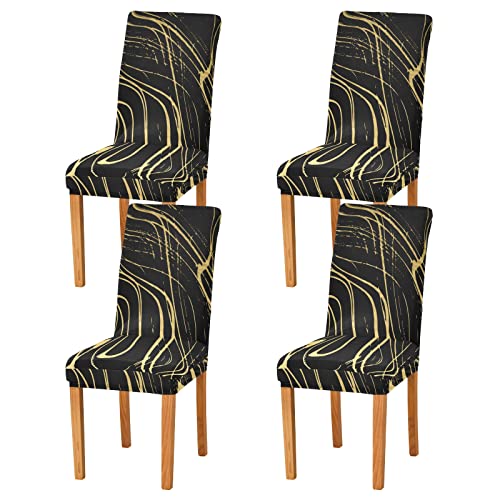 Alaza Dining Room Chair Covers Slipcovers Set Of 4, Gold Black Marble Spandex Fabric Fit Stretch Removable Short Kitchen Chair Covers Protector For Dining Room, Hotel, Ceremony(3Be8D) #TOP6