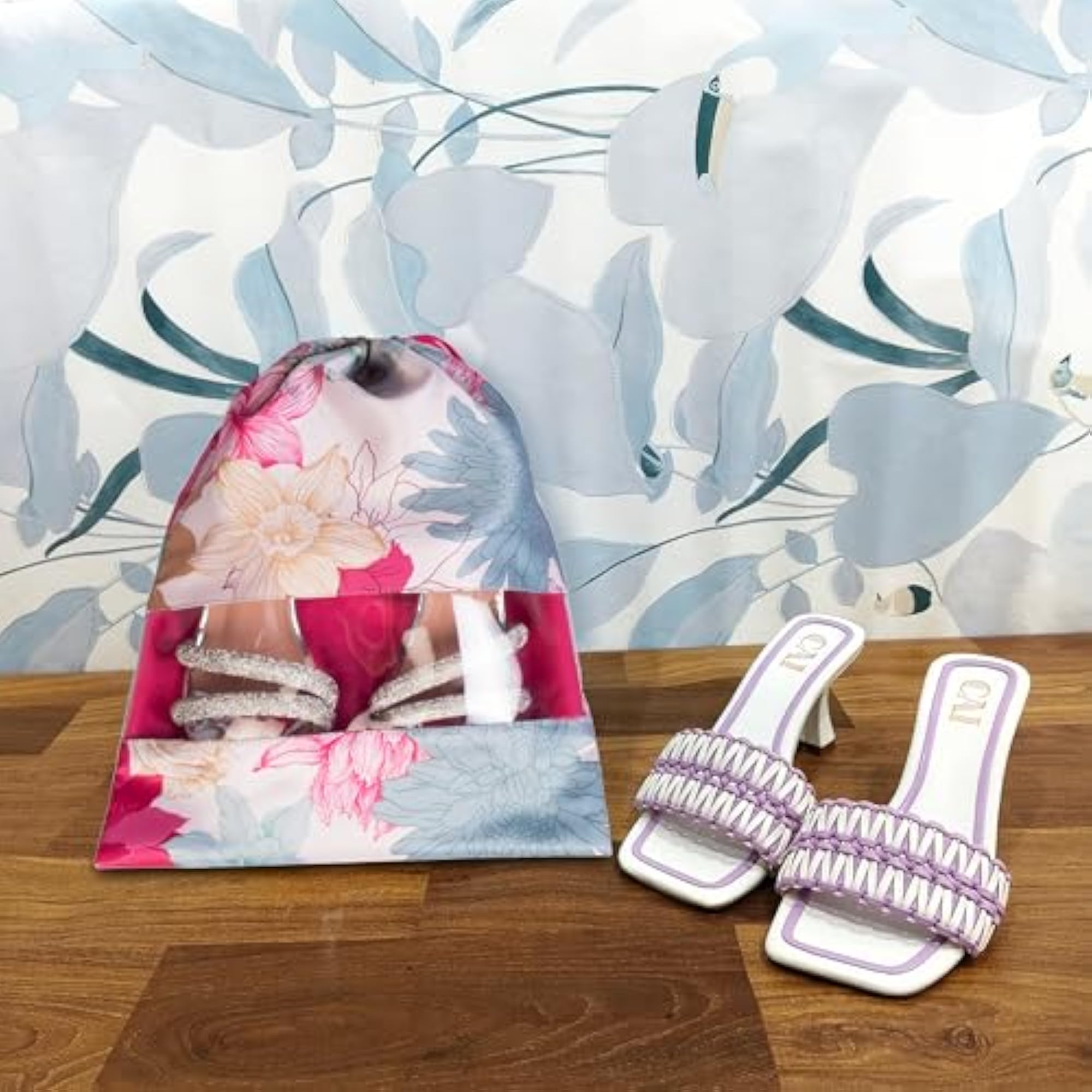 Gulmohar Luxe Drawstring Shoe Pouch Cover, Floral Design