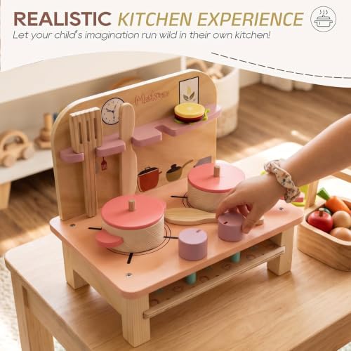 Image of Cute & Stylish Real Wooden Pretend Play Kitchen Set for Kids with Cooking Accessories Montessori Educational Toy Kitchen Playset for Boys Girls and Toddlers (Set-B)