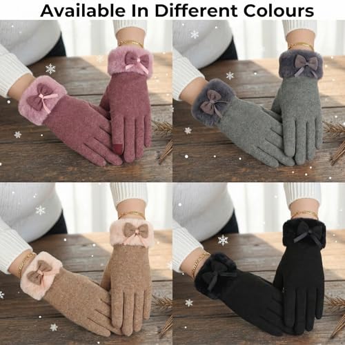 Image of Kraptick Women's Winter Woolen Gloves - Premium Thermal Fleece Lined Touchscreen Hand Warmer Gloves for Cold Weather, Cycling & Driving Soft Fur Cable Knit Elastic Mittens (Free Size, Purple Bow)-6