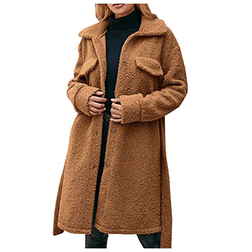 XUETON Abrigo largo de forro polar mullido con solapa y cinturón para mujer, de un solo pecho, piel de oveja sintética, lanuda y cálida, para invierno, color café, café, XL
