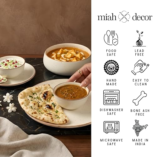 Image of Miah Decor Ceramic Dinner Set- 14-Piece Handmade Stoneware | 4 Bowls, 4 Quarter Plates, 4 Dinner Plates & 2 Serving Bowls | Off White Ribbed Matte Finish | Microwave & Dishwasher Safe | Ideal Gift