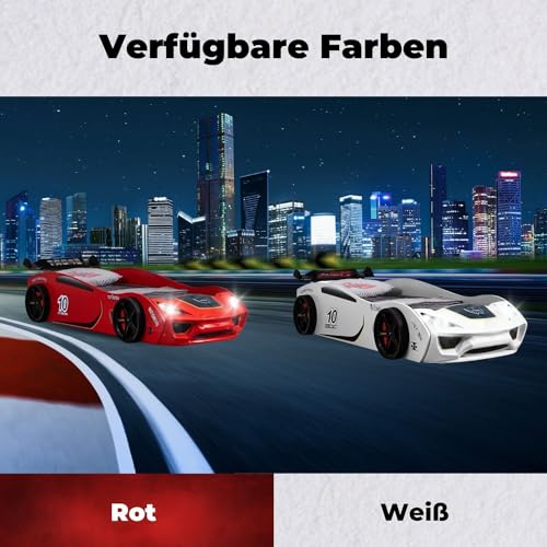 Coemo Autobett Vento Kinderbett Weiß 90x200 cm im Rennwagen-Design mit Lattenrost und LED Scheinwerfern - Perfekt für kleine Rennfahrer- LxBxH 260x109x60