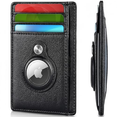 KF-Premium AirTag Wallet for Men RFID Blocking Slim Debit/Credit Card Holder with Apple AirTag Slot PU Leather Front Pocket Minimalist Wallet 6 Cards ID Window & Cash Slot Black