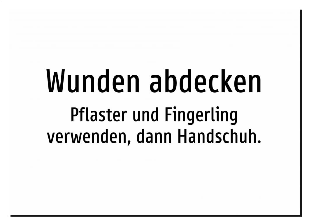 Wunden abdecken - Pflaster und Fingerling verwenden, dann Handschuh. – Aufkleber A2: 594x420mm – Ohne Grafik, nur Text
